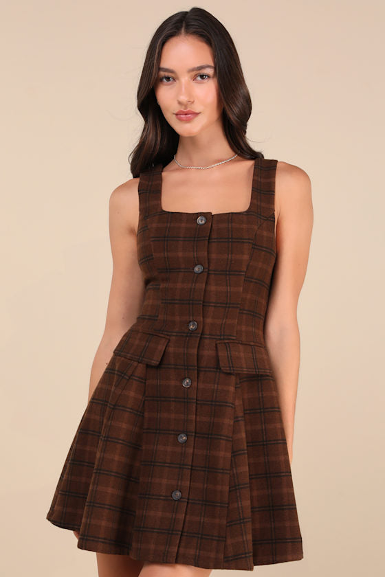 Autumn Approach Brown Plaid Sleeveless Button-Up Mini Dress #Color_Brown Plaid