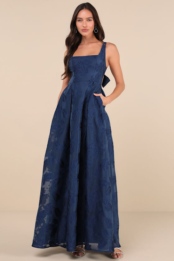 Perfected Aura Navy Jacquard Tie-Back Maxi Dress with Pockets #Color_Navy