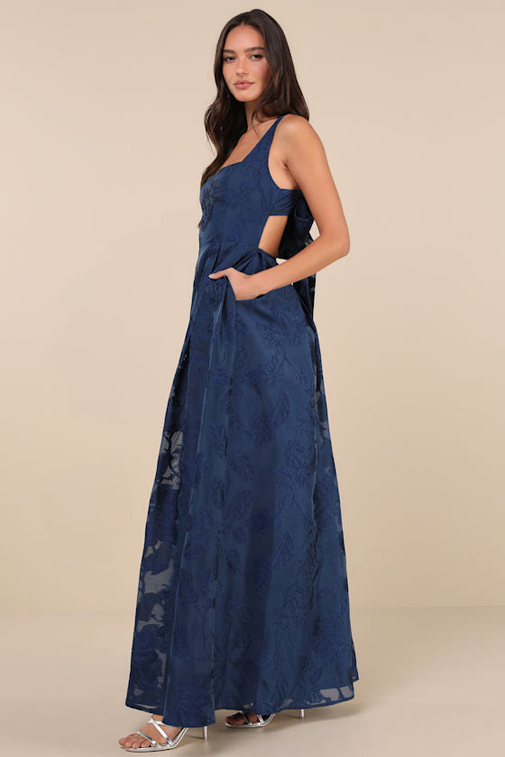 Perfected Aura Navy Jacquard Tie-Back Maxi Dress with Pockets #Color_Navy