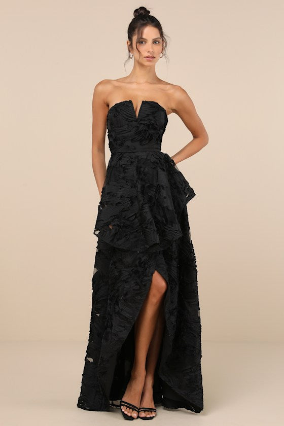 Majestic Glam Black Strapless Textured High-Low Maxi Dress #Color_Black