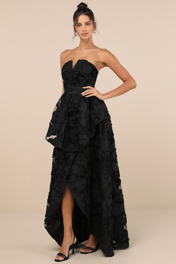 Majestic Glam Black Strapless Textured High-Low Maxi Dress #Color_Black