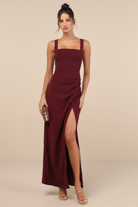 Glamorous Disposition Black Ruched Maxi Dress #Color_Burgundy