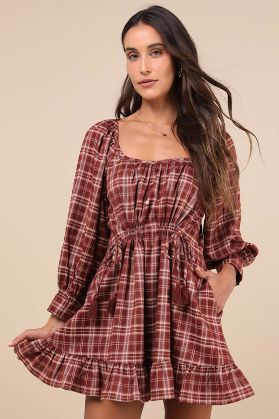 Autumn Perfection Red Plaid Mini Dress With Pockets