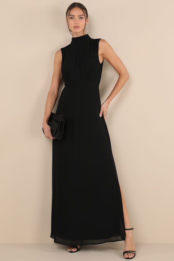 Classic Elegance Black Chiffon Sleeveless Mock Neck Maxi Dress #Color_Black