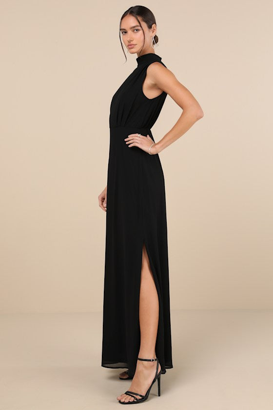 Classic Elegance Black Chiffon Sleeveless Mock Neck Maxi Dress #Color_Black