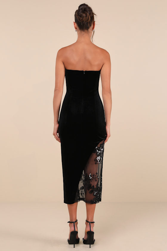 Feeling So Luxe Burgundy Velvet Mesh Sequin Strapless Midi Dress