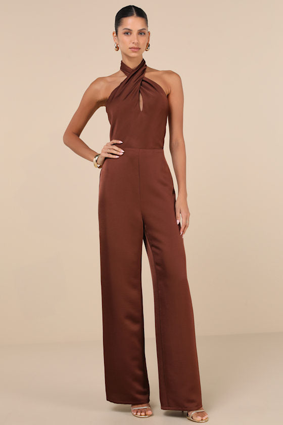 Beyond Classy Brown Satin Halter Wide-Leg Jumpsuit #Color_Brown