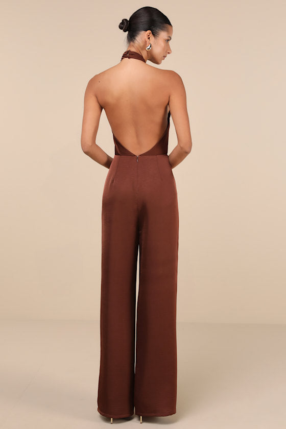 Beyond Classy Brown Satin Halter Wide-Leg Jumpsuit #Color_Brown