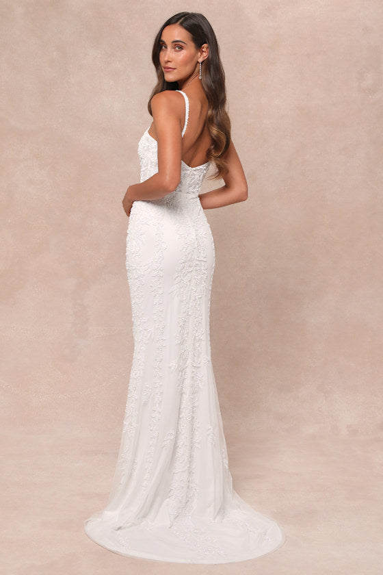 Momentous Love White Beaded Bustier Mesh Mermaid Maxi Dress #Color_White