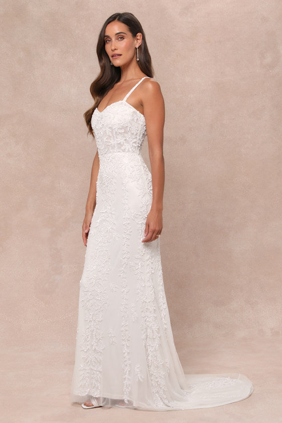 Momentous Love White Beaded Bustier Mesh Mermaid Maxi Dress #Color_White