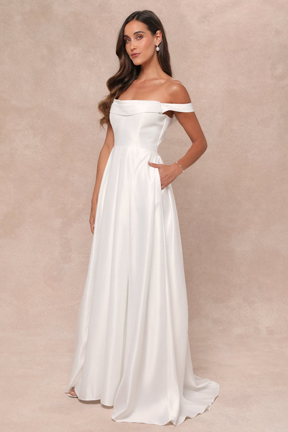 Extraordinary Vow White Off-the-Shoulder Maxi Dress with Pockets #Color_White