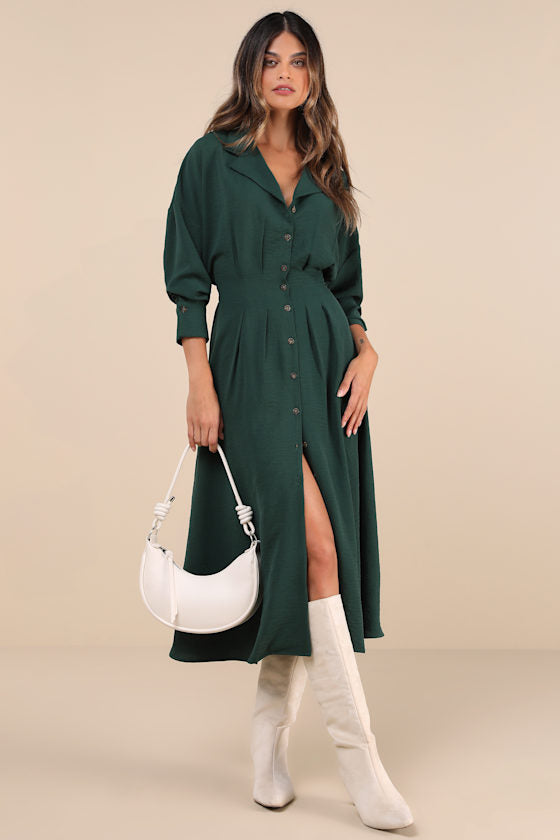 Timeless Class Dark Red Collared Button-Up Pleated Midi Dress #Color_Dark Green