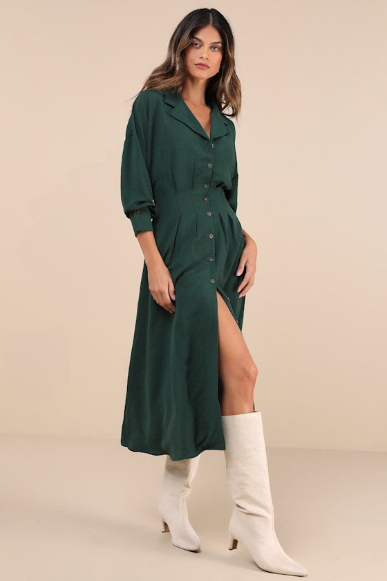 Timeless Class Dark Red Collared Button-Up Pleated Midi Dress
