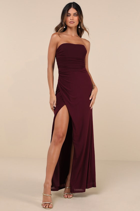 Epitome of Allure Brown Mesh Strapless Ruched Maxi Dress #Color_Purple