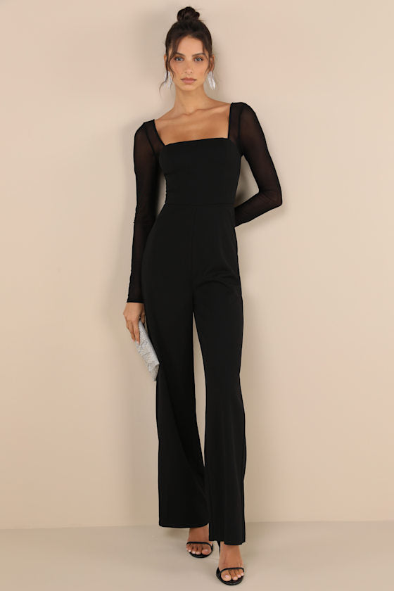 Lovingly Yours Black Mesh Long Sleeve Jumpsuit #Color_Black
