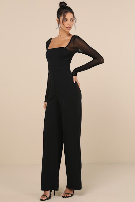 Lovingly Yours Black Mesh Long Sleeve Jumpsuit #Color_Black
