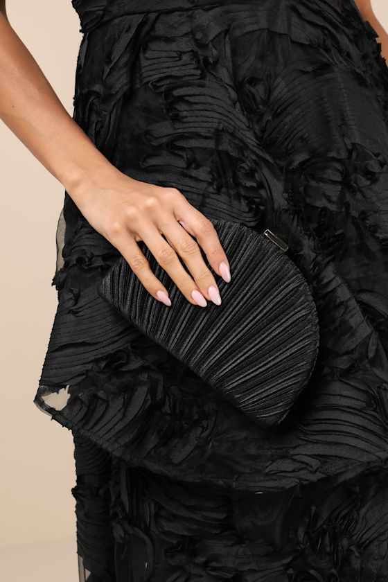 Pleat Perfection Champagne Satin Pleated Hard Clutch #Color_Black