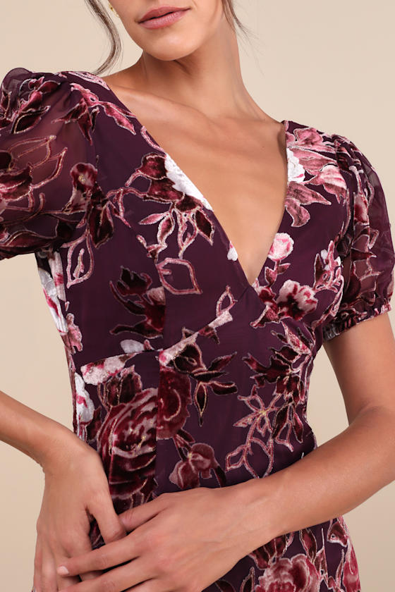 Loving Approach Purple Velvet Burnout Puff Sleeve Midi Dress