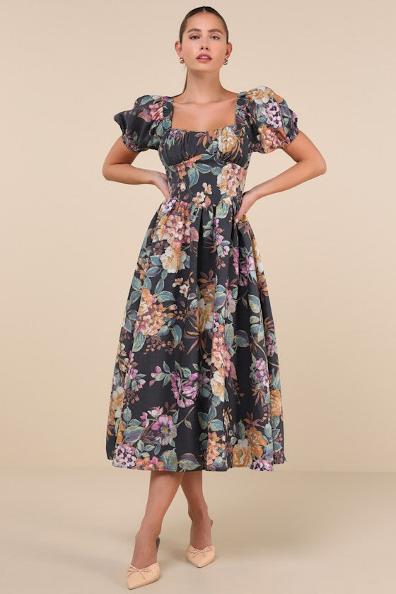 Adorable Tendencies Periwinkle Floral Puff Sleeve Midi Dress