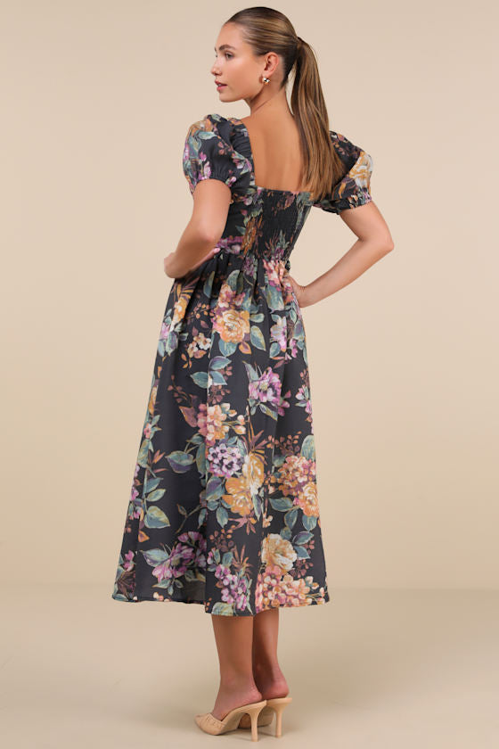 Adorable Tendencies Periwinkle Floral Puff Sleeve Midi Dress