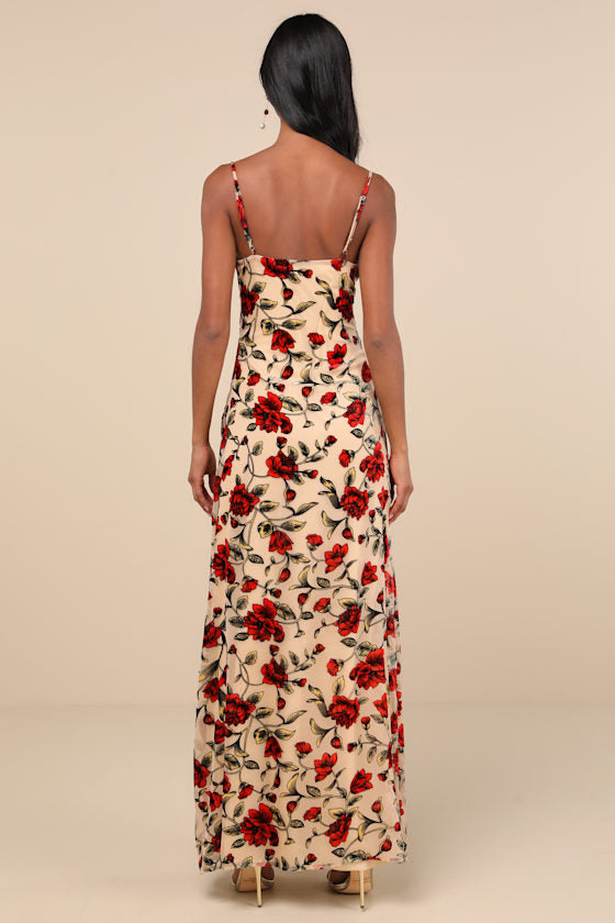 Romance in the Making Beige Floral Print Velvet Maxi Dress #Color_Beige Floral Print