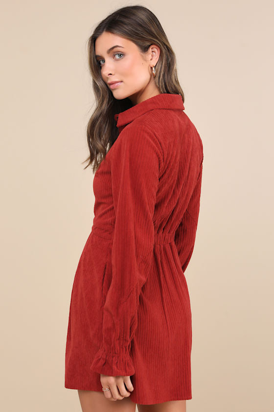 Autumn Mood Emerald Green Corduroy Mini Dress With Pockets