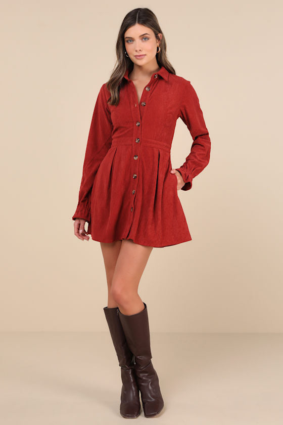 Autumn Mood Emerald Green Corduroy Mini Dress With Pockets