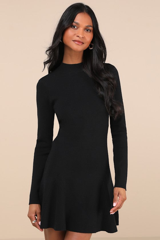 Adorable Intentions Black Mock Neck A-Line Mini Sweater Dress #Color_Black