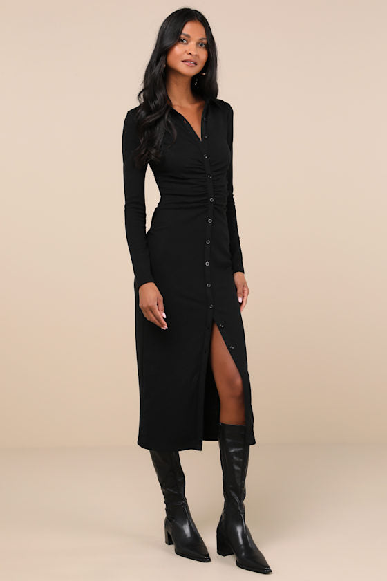 A Little Prep Black Button-Up Bodycon Midi Dress #Color_Black