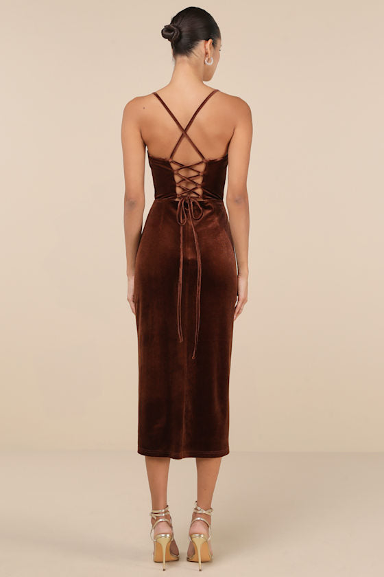Gorgeous Composure Brown Velvet Lace-Up Sleeveless Midi Dress #Color_Brown