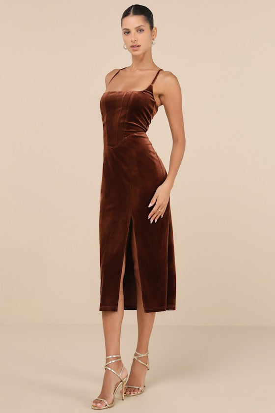 Gorgeous Composure Brown Velvet Lace-Up Sleeveless Midi Dress #Color_Brown