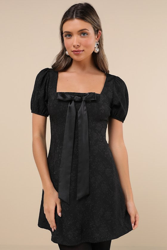 Polished Sweetie Black Jacquard Bow Puff Sleeve Mini Dress #Color_Black