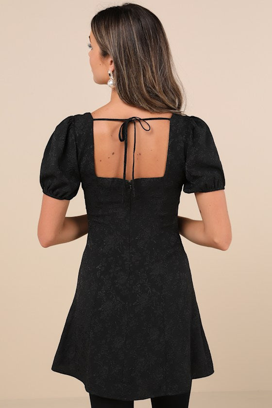 Polished Sweetie Black Jacquard Bow Puff Sleeve Mini Dress #Color_Black