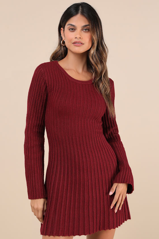 Convincing Poise Burgundy Ribbed Long Sleeve Skater Mini Dress #Color_Burgundy