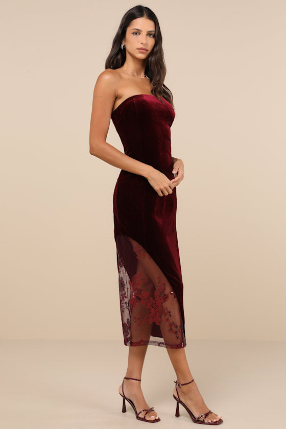 Feeling So Luxe Black Velvet Mesh Sequin Strapless Midi Dress