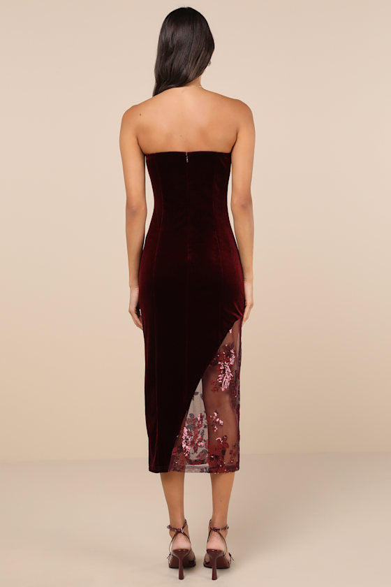 Feeling So Luxe Emerald Velvet Mesh Sequin Strapless Midi Dress