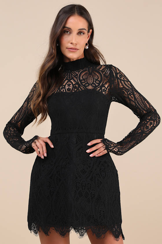 Gorgeous Attraction White Lace Structured Long Sleeve Mini Dress #Color_Black