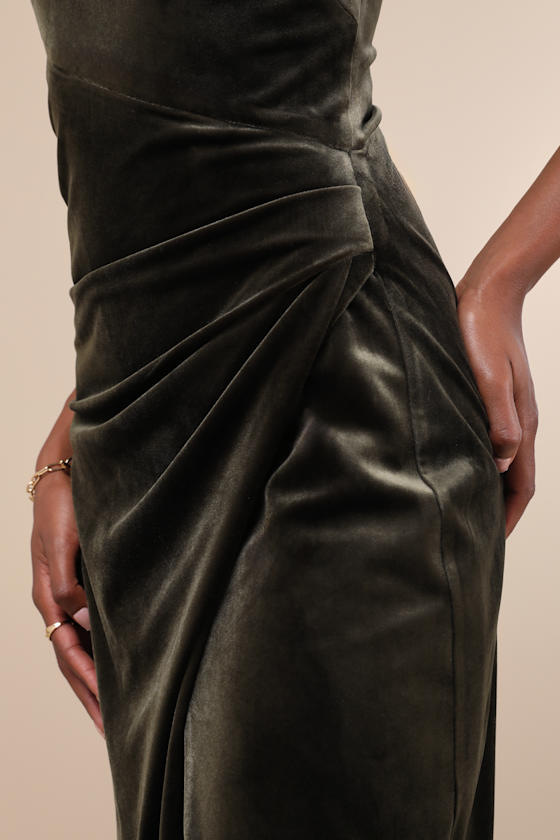 Elegant Era Dark Slate Blue Velvet One-Shoulder Maxi Dress
