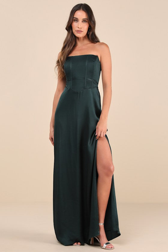 Extraordinary Presence Rust Brown Satin Strapless Maxi Dress #Color_Dark Green