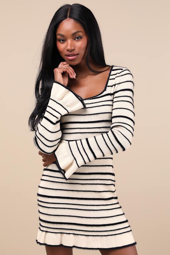Cozy Outlook Ivory Fuzzy Striped Long Sleeve Sweater Mini Dress #Color_Ivory Fuzzy Striped