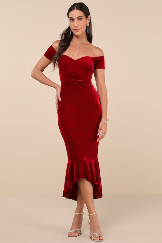 How Much I Care Wine Red Velvet Off-the-Shoulder Midi Dress #Color_Wine Red