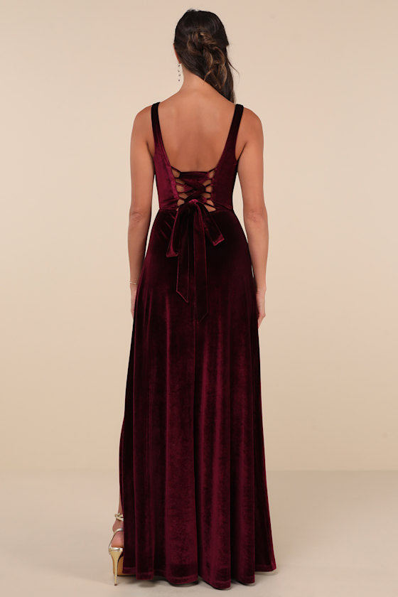 Graceful Invite Emerald Velvet Square Neck Lace-Up Maxi Dress