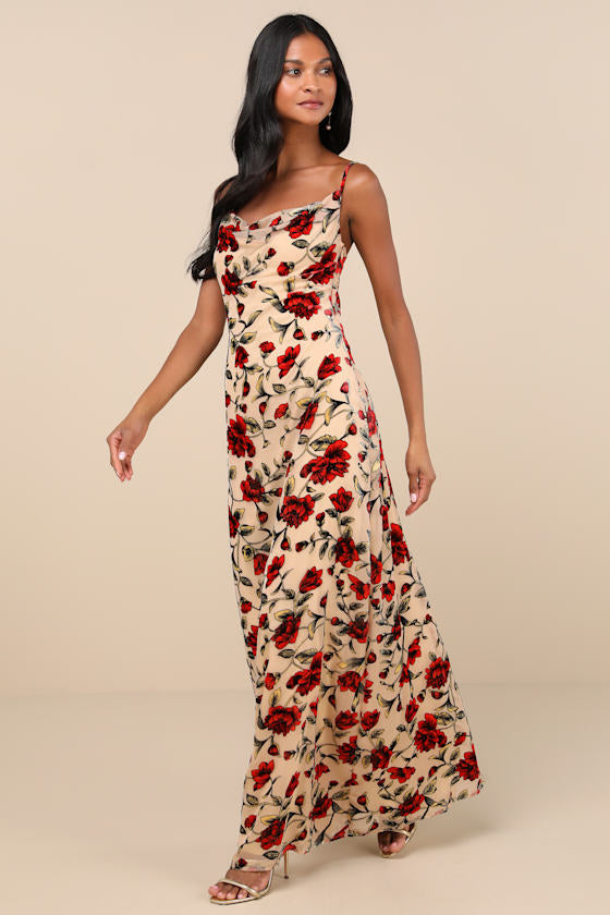 Romance in the Making Beige Floral Print Velvet Maxi Dress #Color_Beige Floral Print