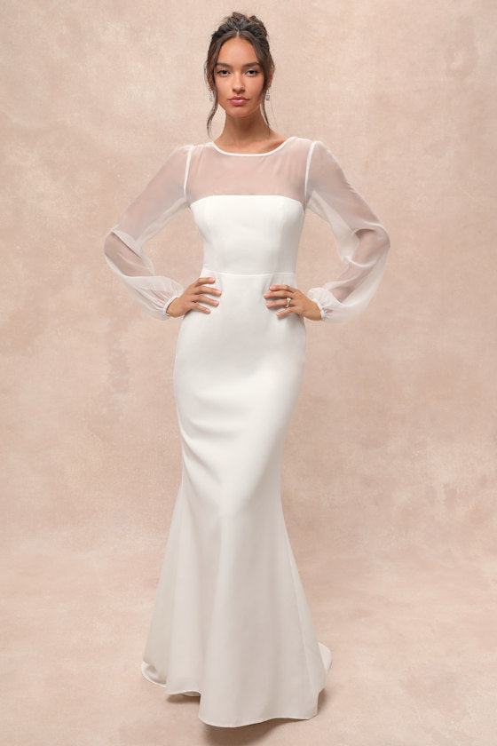 Immaculate Romance White Sheer Organza Long Sleeve Maxi Dress #Color_White