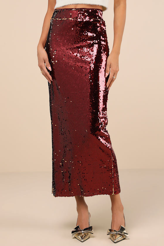Dazzling Appearance Emerald Sequin High-Rise Midi Skirt