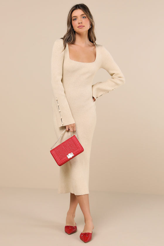Classy Attitude Emerald Ribbed Square Neck Midi Sweater Dress