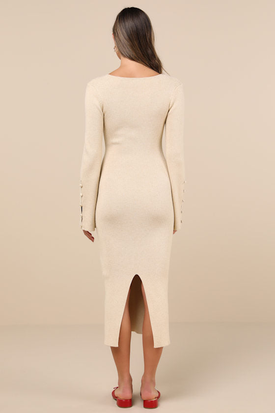Classy Attitude Beige Ribbed Square Neck Midi Sweater Dress #Color_Beige