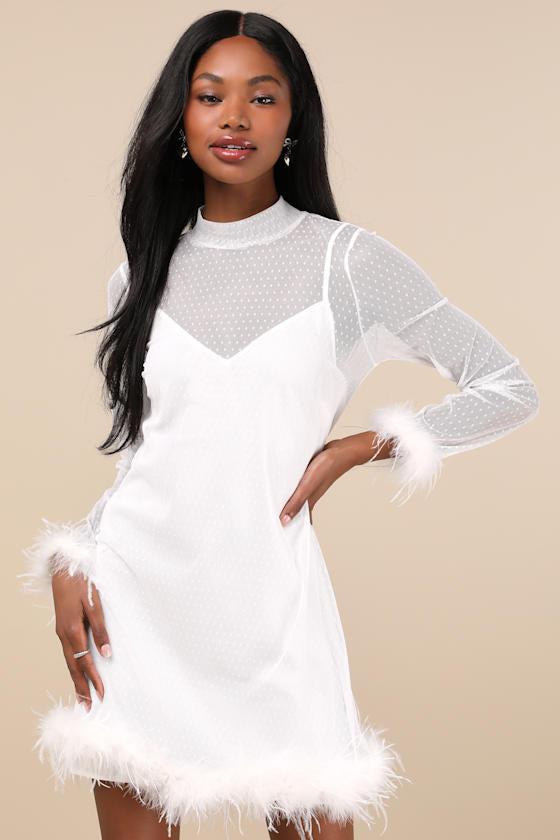 Immaculate Charisma Black Mesh Feather Long Sleeve Mini Dress #Color_White