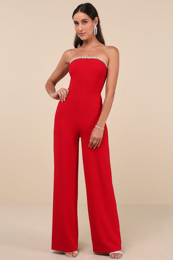 Lavish Muse Red Rhinestone Strapless Jumpsuit #Color_Red