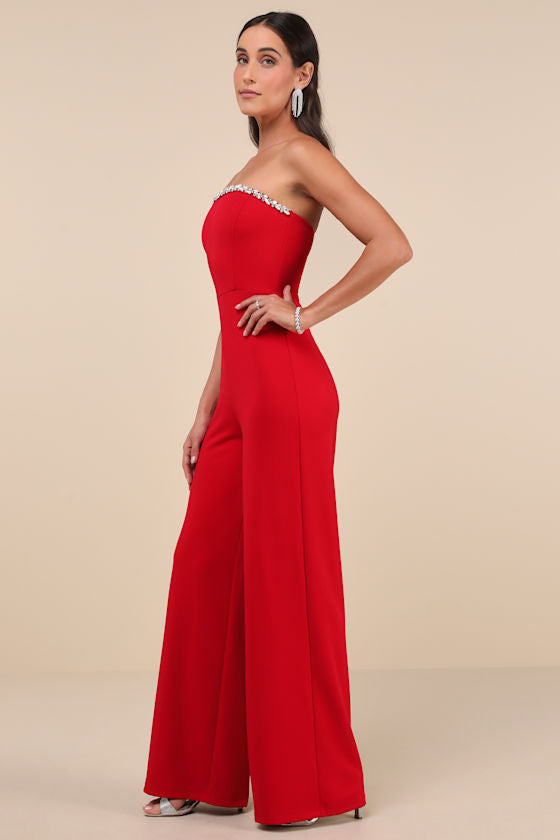 Lavish Muse Red Rhinestone Strapless Jumpsuit #Color_Red